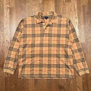 Vintage Y2K Burberry Golf Nova Check Brown Plaid Pique L/S Polo Shirt Mens XL